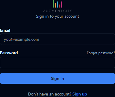 Sign In form with email, password, and forgot password / create account links