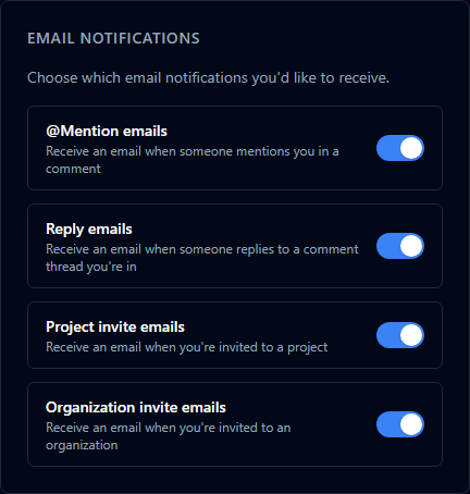Email Notifications section showing toggles for mentions, replies, project invites, and organisation invites