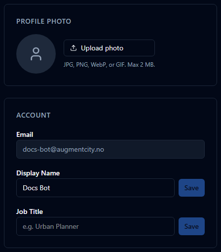 Profile photo upload area and account section with Display Name, Job Title, and read-only Email fields