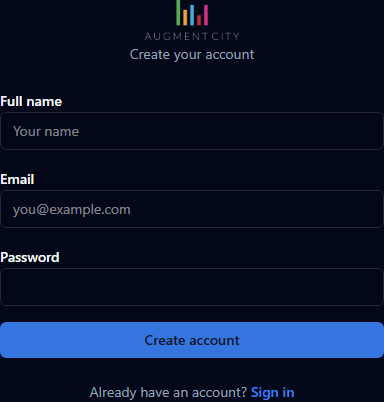 Create Account form with full name, email, and password fields