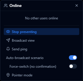 The Online panel while presenting, showing broadcast tools including the auto-broadcast scenario and force-switch toggles