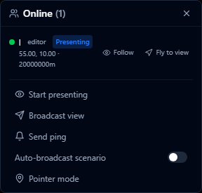 A follower's Online panel showing the presenter's row with the Presenting badge, Follow button, and Fly to view button