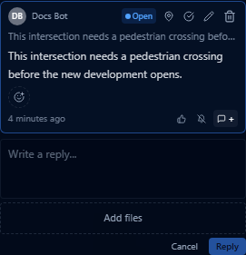 Comment thread view showing author, status badge, full comment text, reactions, and reply box