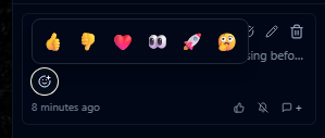 Comment thread showing the upvote button and an open reaction picker with thumbs up, thumbs down, heart, eyes, rocket, and thinking reactions