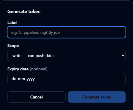 The Generate token dialog with label, scope, and optional expiry date fields