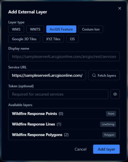 ArcGIS Feature Server connection dialog with discovered layers