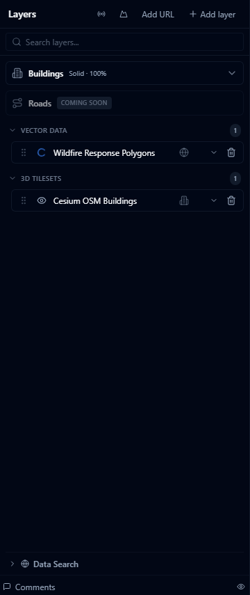 Layers panel showing a newly added Cesium Ion 3D Tiles layer