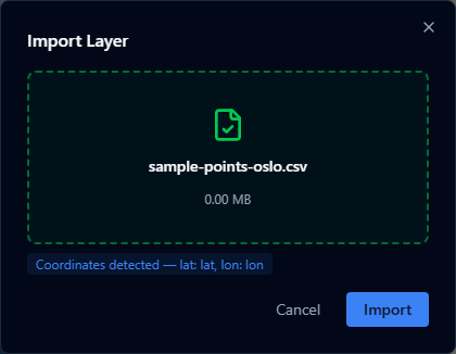 CSV import dialog showing automatic latitude/longitude column detection