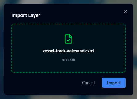 Import Layer dialog with a .czml file selected and ready to import