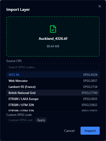Import Layer dialog showing a GeoTIFF file selected with the Source CRS dropdown listing EPSG codes