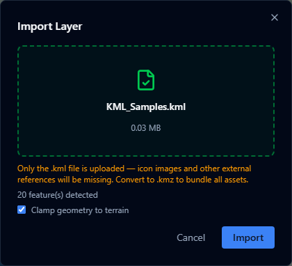 Import Layer dialog showing a KML file selected and ready to import, with feature count and terrain-clamping option