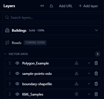 Layers panel listing the imported KML_Samples layer, with its placemark pins visible on the satellite imagery in the background