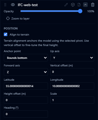 Style editor Position controls for a 3D model layer, showing Latitude, Longitude, Height offset, Scale, and Heading