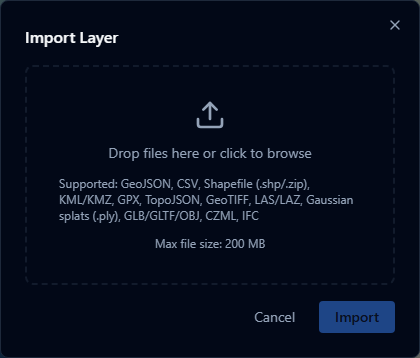 The Import Layer dialog with a drag-and-drop file upload zone
