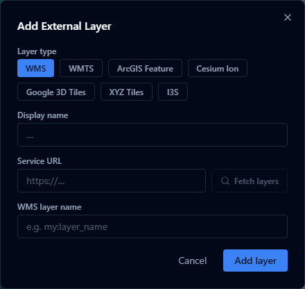 Add External Layer dialog showing layer type options (WMS, WMTS, ArcGIS Feature, Cesium Ion, Google 3D Tiles, XYZ Tiles, I3S) and URL connection fields