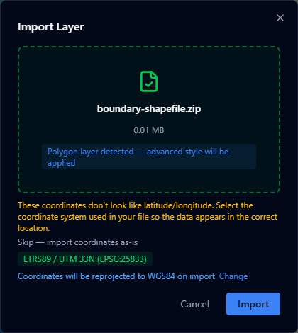 Import Layer dialog with a shapefile .zip selected, showing detected polygon geometry and CRS reprojection to WGS84 before import