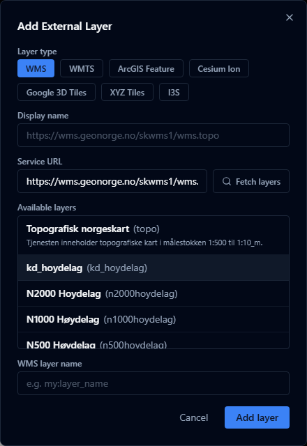Add External Layer dialog with WMS type selected and the available layers fetched from GetCapabilities