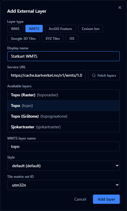 Add External Layer dialog with WMTS layer type selected and fetched layer list from a Kartverket WMTS service