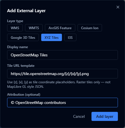 Add External Layer dialog configured for an XYZ Tiles source