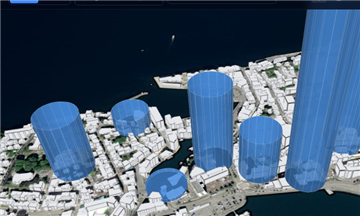 Rendered 3D Bar Chart layer showing extruded cylindrical bars of varying heights over a 3D building basemap