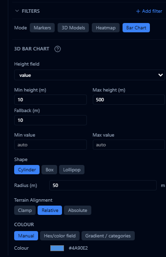 3D Bar Chart style editor controls — height field, height range, shape, radius, and colour