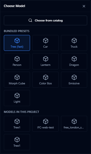 The Choose Model dialog showing the Choose from catalog button, a Bundled presets grid, and a Models in this project grid