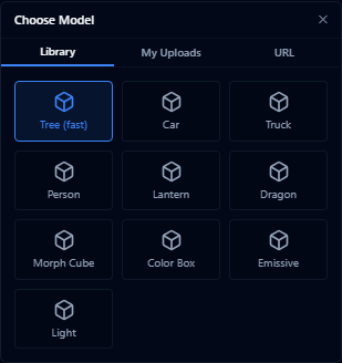 3D model source picker showing the Library, My Uploads, and URL tabs with the Tree (fast) preset selected
