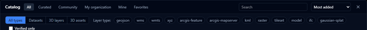Content-kind and layer-type filters and the sort dropdown above the catalog results