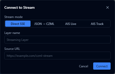 Connect to Stream dialog with mode tabs and URL fields