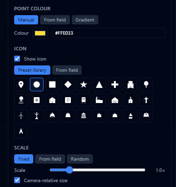 CZML stream style editor showing Point Colour, Icon, and Scale sections