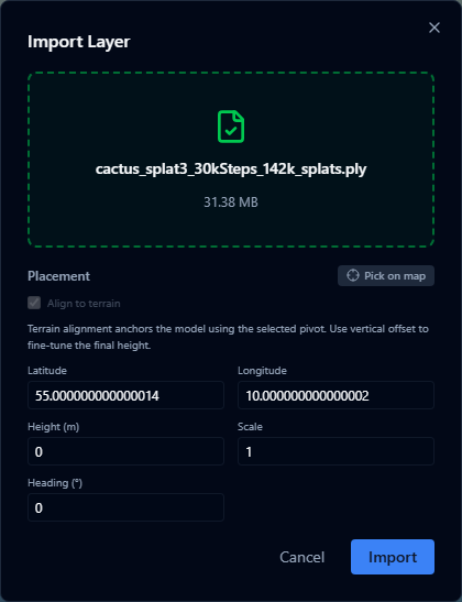 Gaussian splat Placement panel with latitude, longitude, height, scale, and heading fields