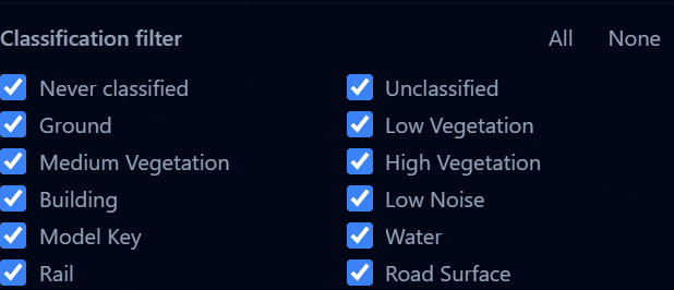 Point cloud Classification filter with per-class checkboxes and All/None buttons