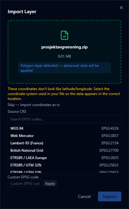 Import Layer dialog after selecting a shapefile ZIP, showing the detected polygon layer and the source CRS selection step