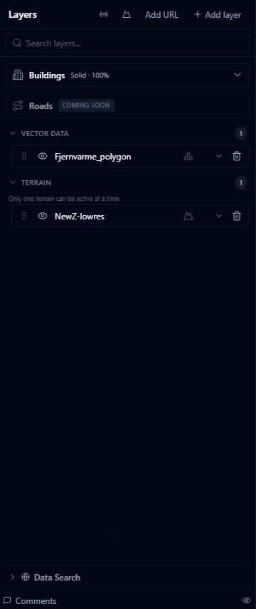 Layers panel showing the Terrain category with the "Only one terrain can be active at a time" hint and an active terrain layer