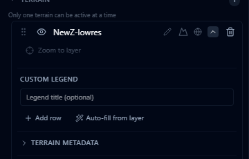 Expanded terrain layer row showing the Zoom to layer button
