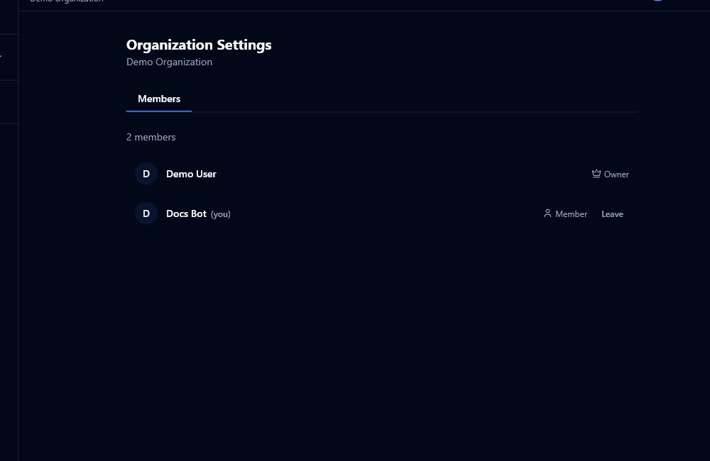 Organisation Members settings showing member rows and organisation roles
