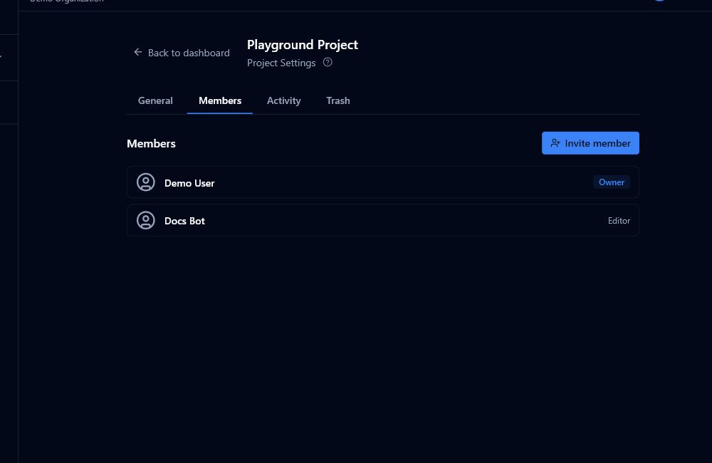 Project Members settings showing project tabs, active member rows, roles, and the Invite member button