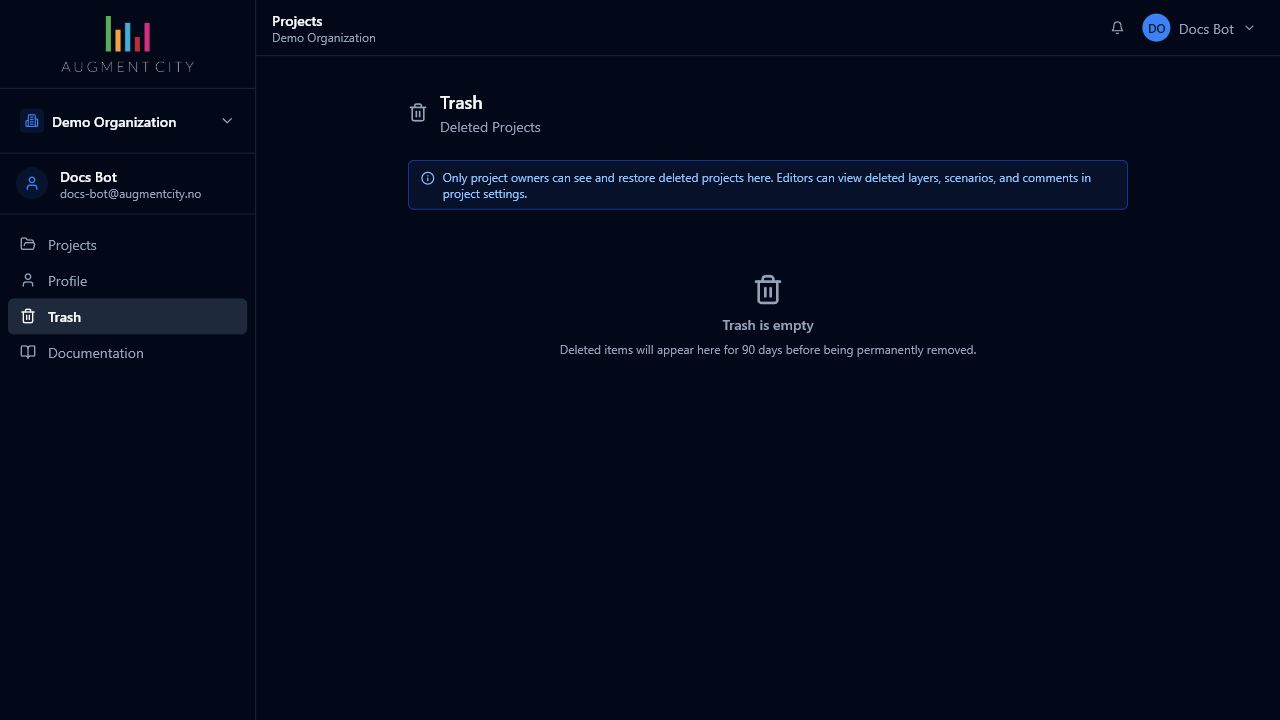 Trash page showing the deleted projects area and the empty-state message