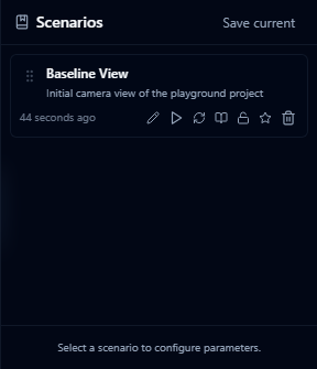 The Scenarios panel showing a saved scenario entry in the list and the Save current button for creating a new scenario