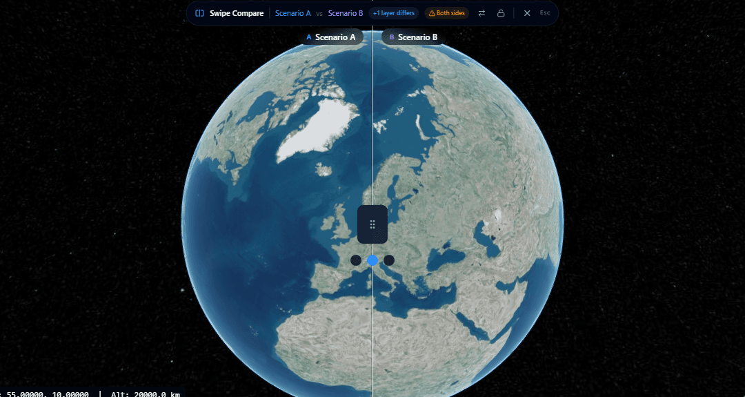 Split View active on the globe, showing the comparison toolbar, scenario labels, and the draggable divider