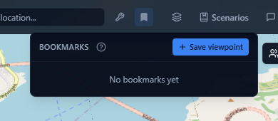 Bookmarks popover showing the Save viewpoint button and empty bookmark list