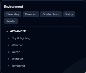 Weather and environment controls showing fog, rain, snow, sky atmosphere, and cloud settings