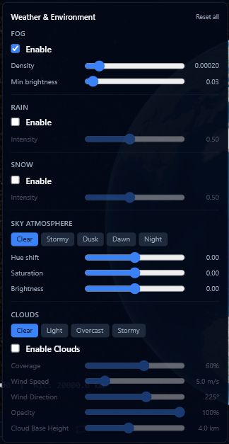 Weather and environment controls showing fog, rain, snow, sky atmosphere, and cloud settings