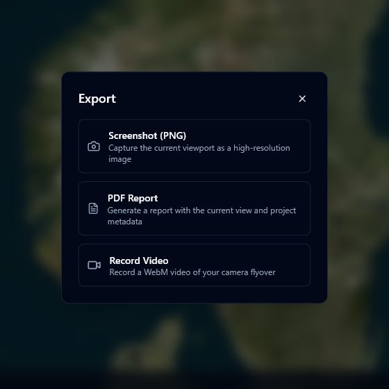 Export dialog showing Screenshot PNG, PDF Report, and Record Video options