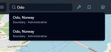 Location search dropdown showing Oslo search results over the 3D map