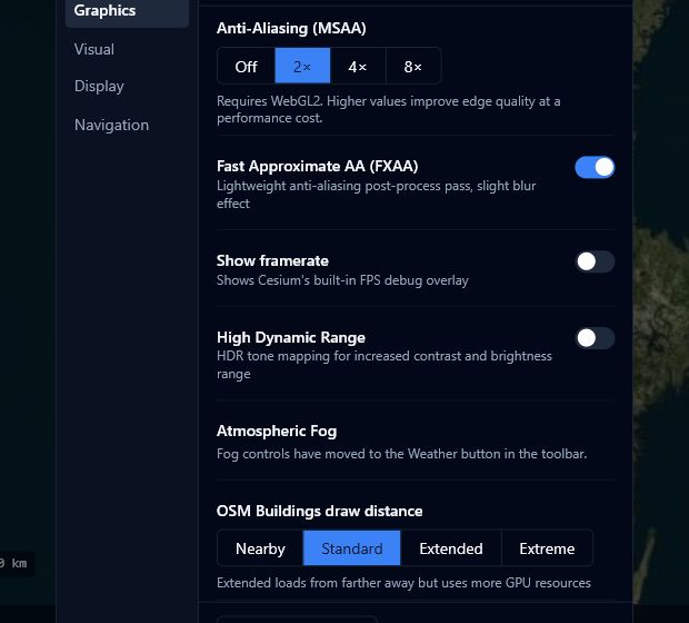 Viewer Settings modal showing graphics controls and settings tabs