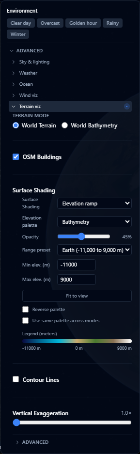 Terrain visualization controls showing terrain mode and shading options over the globe