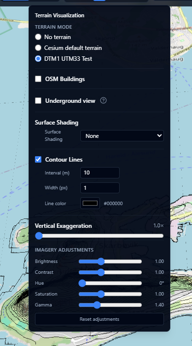 Terrain visualization controls showing terrain mode and shading options over the globe